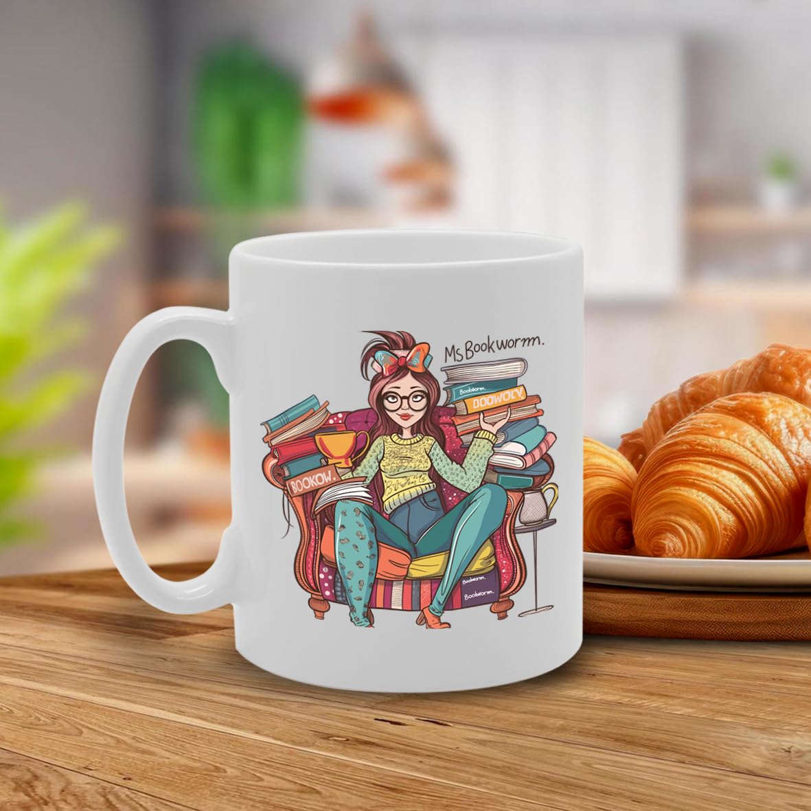 Ms Bookworm Ceramic  - Ideal For Avid Readers, Literature Lovers, And Book Enthusiasts - 11Oz Coffee  With Charming Design Mg6271 - Funny Printed Coffee Mug - Great Gift Idea
