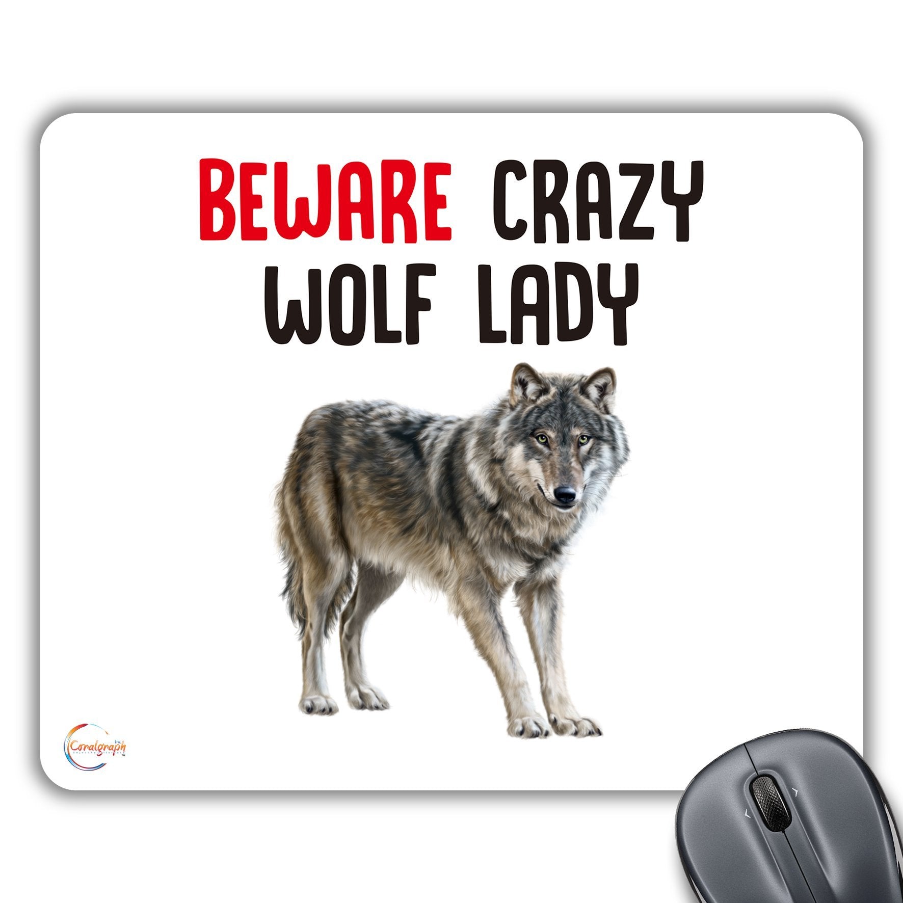 CP501 Beware Crazy Wolf Lady Novelty Gift Printed PC Laptop Computer Mouse Mat Pad