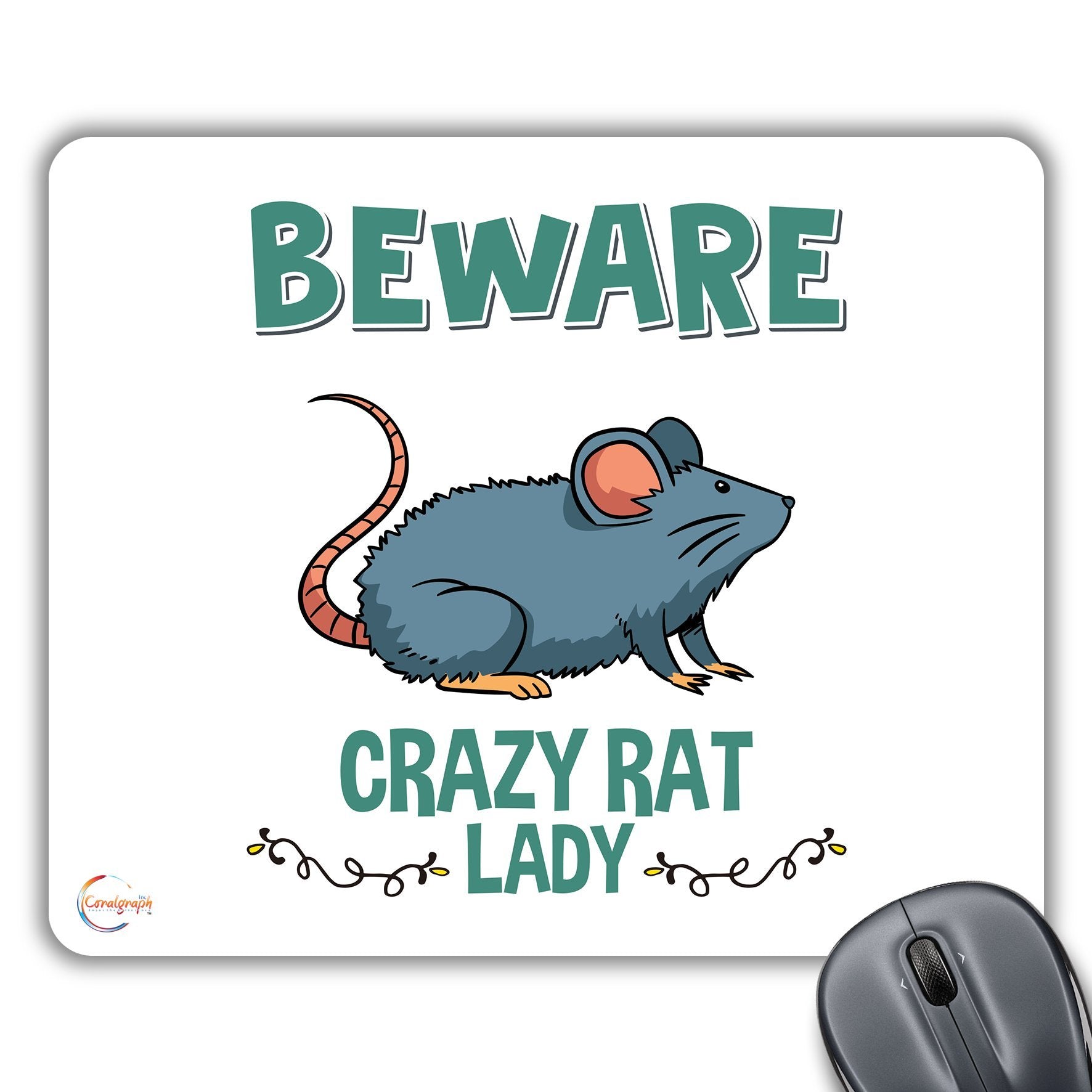 CP528 Beware Crazy Rat Lady Novelty Gift Printed PC Laptop Computer Mouse Mat Pad
