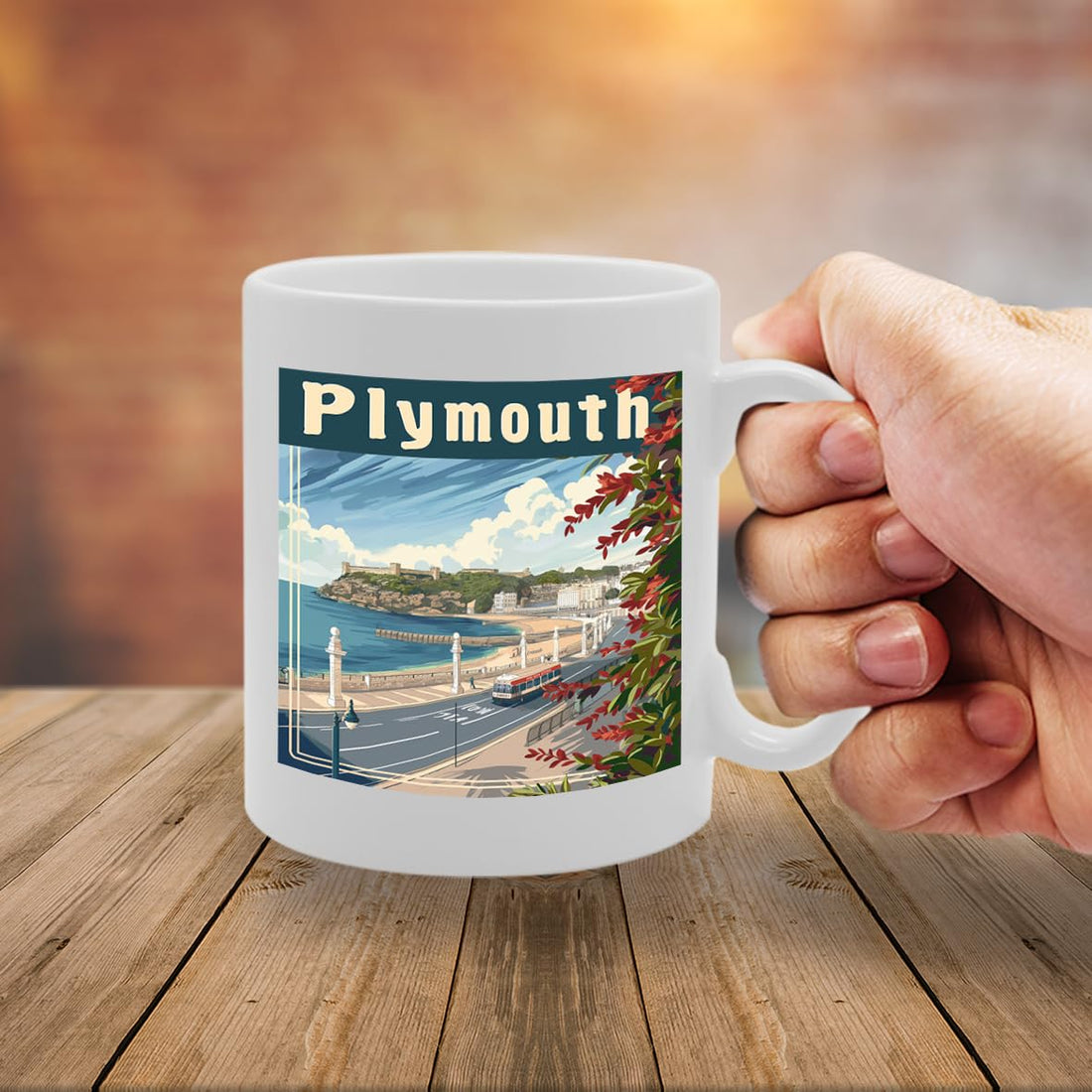 Printed Coffee Ceramic  Featuring Cities And Landmarks In United Kingdom (Plymouth Waterfront) - Funny Printed Coffee Mug - Great Gift Idea