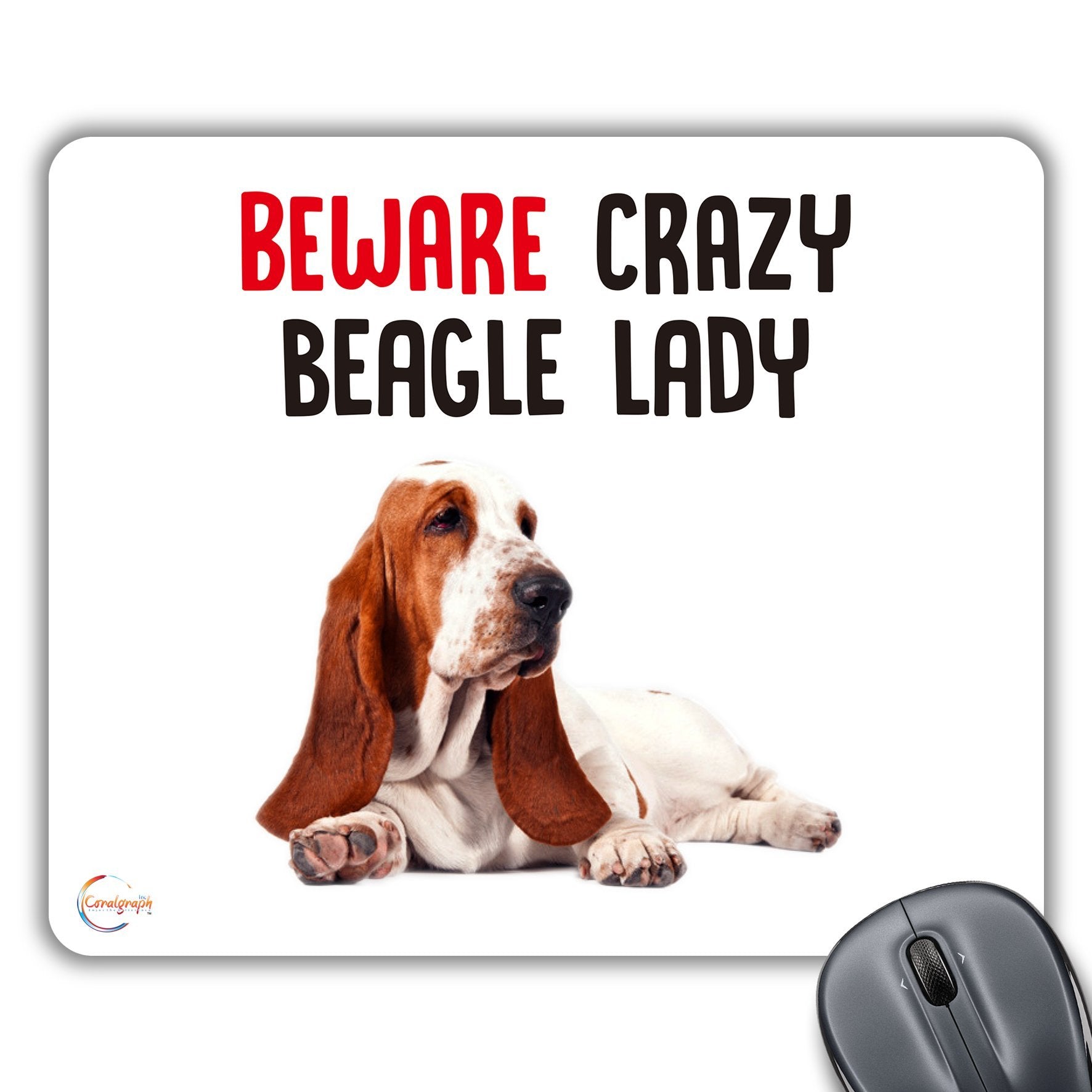 CP595 Beware Crazy Basset Hound Lady Novelty Gift Printed PC Laptop Computer Mouse Mat Pad