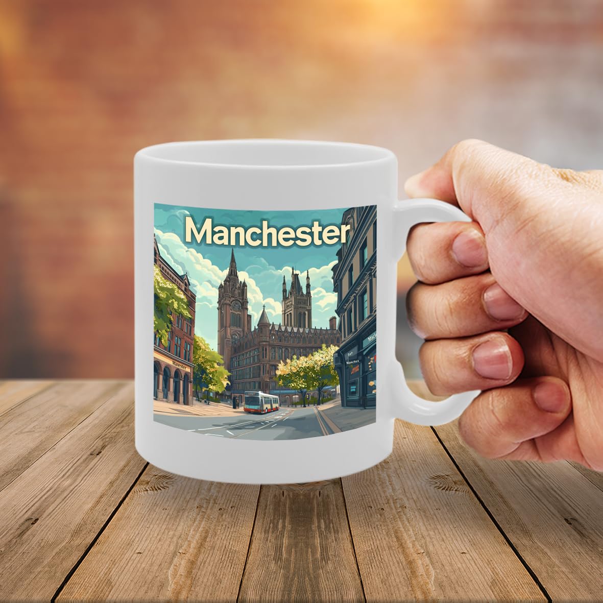 Printed Coffee Ceramic  Featuring Cities And Landmarks In United Kingdom (Manchester) - Funny Printed Coffee Mug - Great Gift Idea