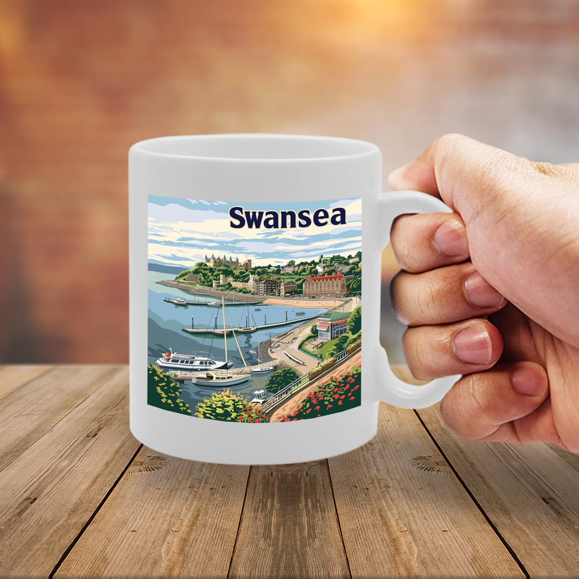 Printed Coffee Ceramic  Featuring Cities And Landmarks In United Kingdom (Swansea Waterfront) - Funny Printed Coffee Mug - Great Gift Idea