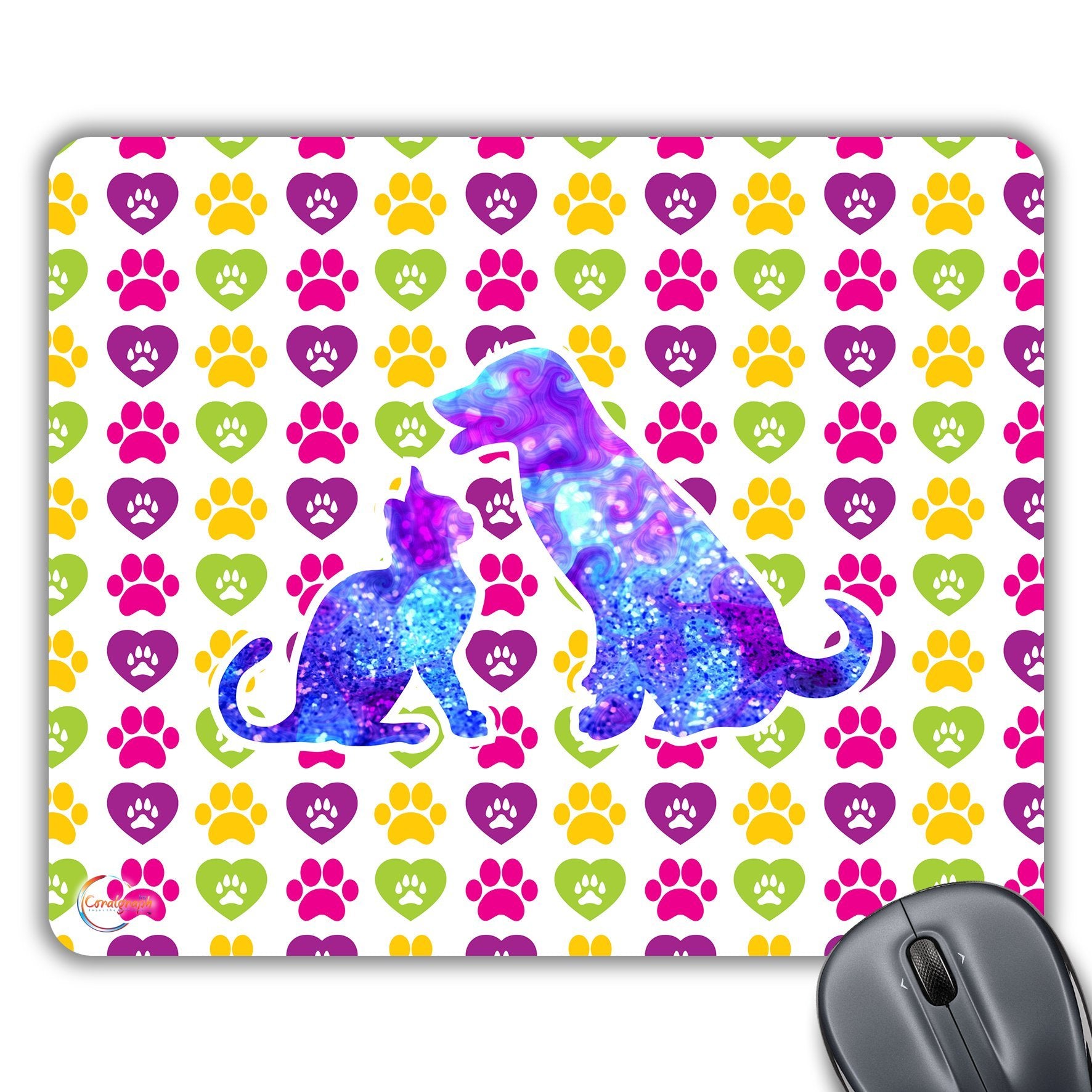 CP318 Colourful Glittery Dog & Cat Paw Novelty Gift Printed PC Laptop Computer Mouse Mat Pad
