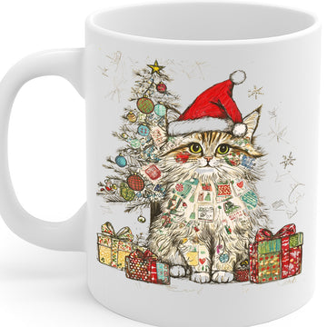 Festive Holiday Cat Mug with Santa Hat & Christmas Tree Illustration – Perfect Christmas Gift for Cat Lovers MG6668