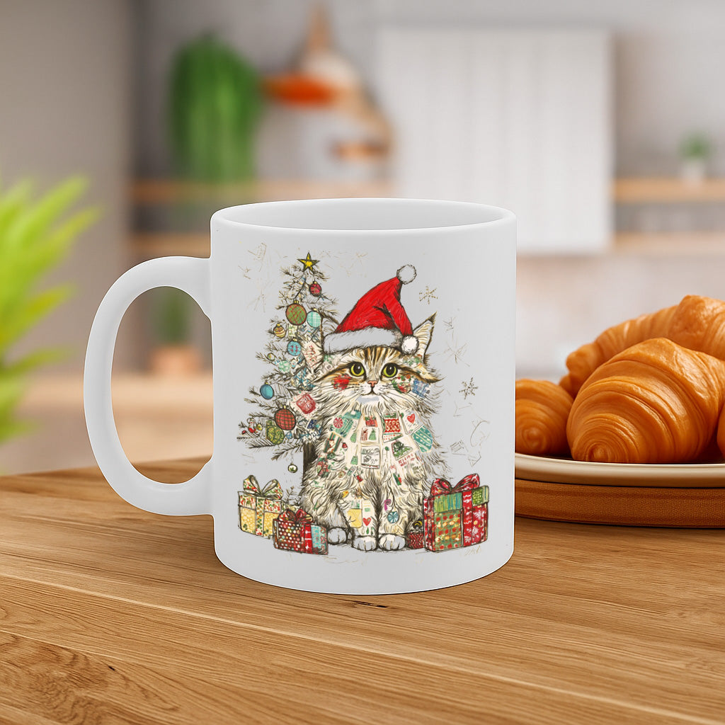 Festive Holiday Cat Mug with Santa Hat & Christmas Tree Illustration – Perfect Christmas Gift for Cat Lovers MG6668