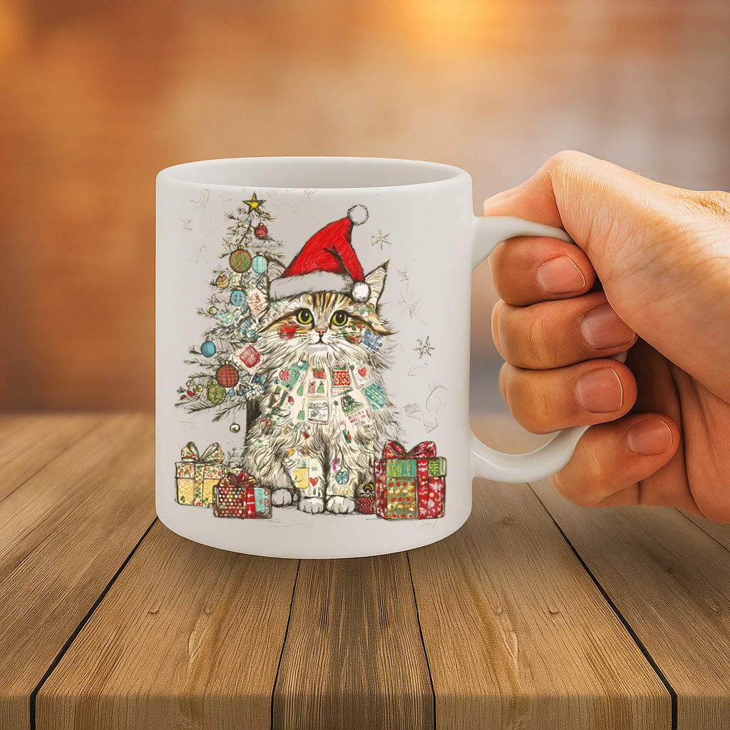 Festive Holiday Cat Mug with Santa Hat & Christmas Tree Illustration – Perfect Christmas Gift for Cat Lovers MG6668