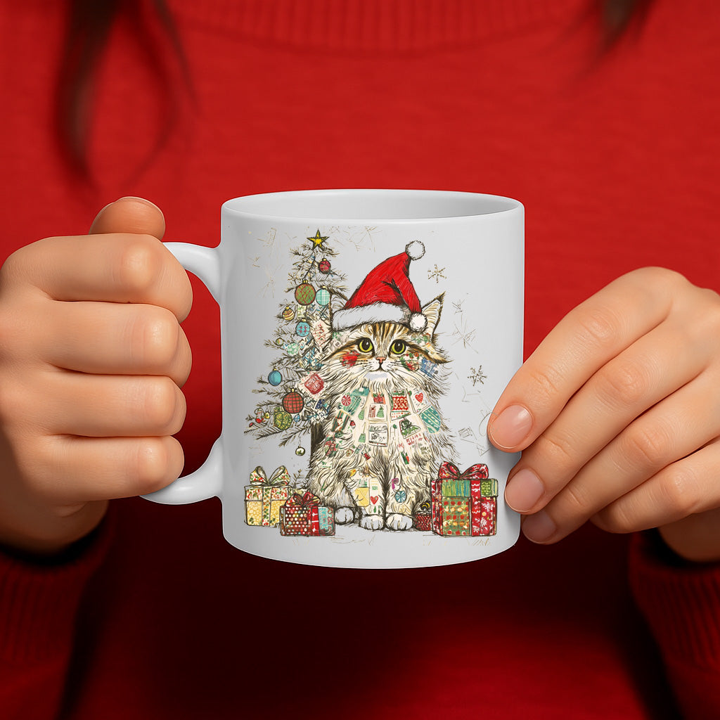 Festive Holiday Cat Mug with Santa Hat & Christmas Tree Illustration – Perfect Christmas Gift for Cat Lovers MG6668