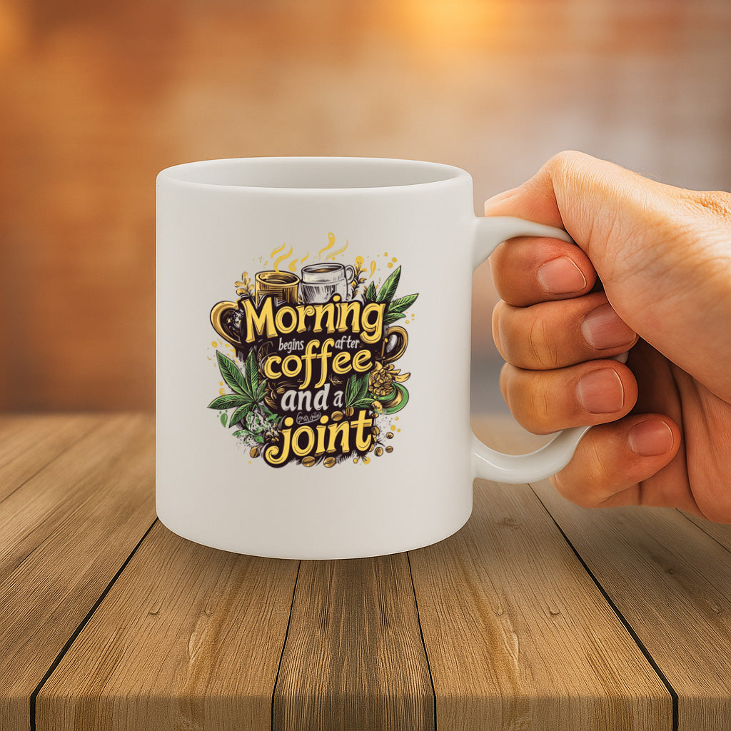Bold Cannabis Coffee Mug – “Morning Begins After Coffee and a Joint” Quote with Cannabis Leaves and Beans – Humor Gift for Weed & Coffee Lovers – MG6663