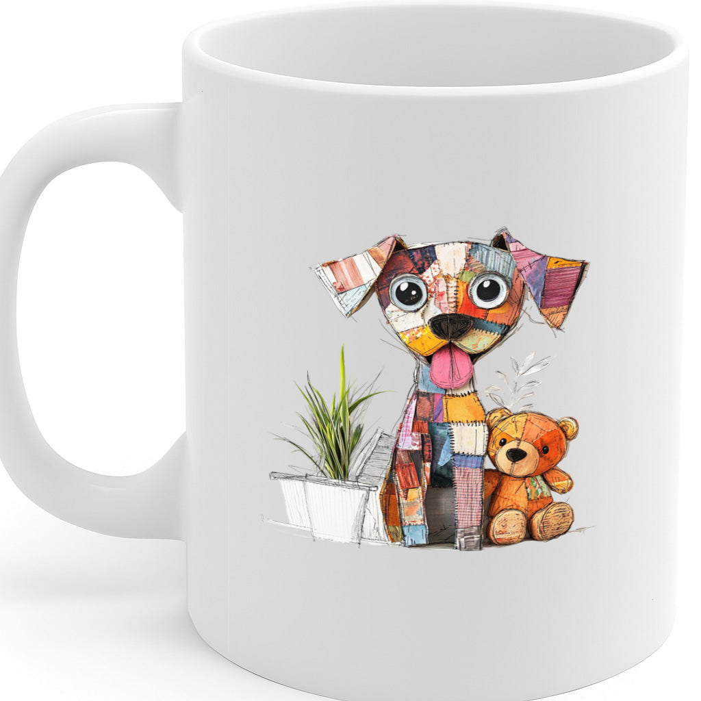 Adorable Patchwork Dog Mug with Teddy Bear and Plant – Cute Whimsical Animal Art Ceramic Cup – Dishwasher & Microwave Safe – 11oz Gift for Dog Lovers – MG6660