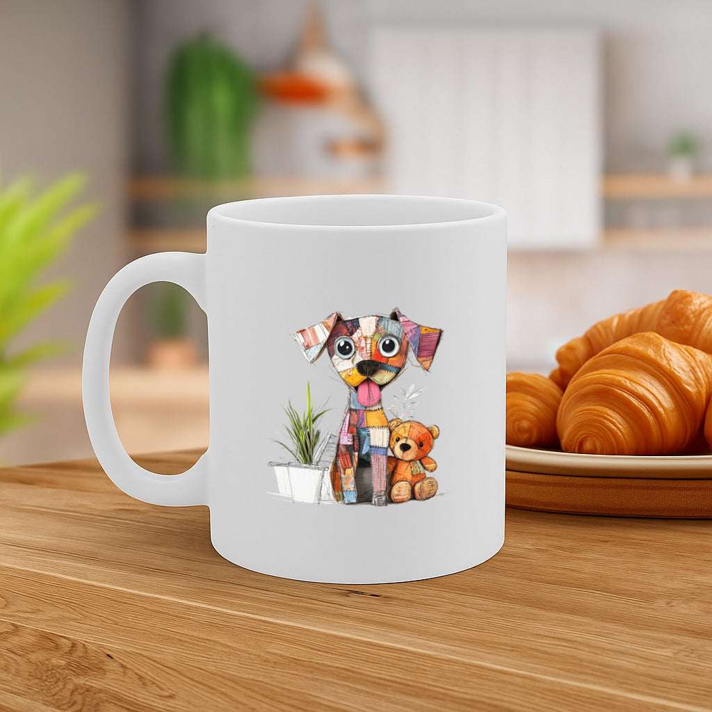 Adorable Patchwork Dog Mug with Teddy Bear and Plant – Cute Whimsical Animal Art Ceramic Cup – Dishwasher & Microwave Safe – 11oz Gift for Dog Lovers – MG6660