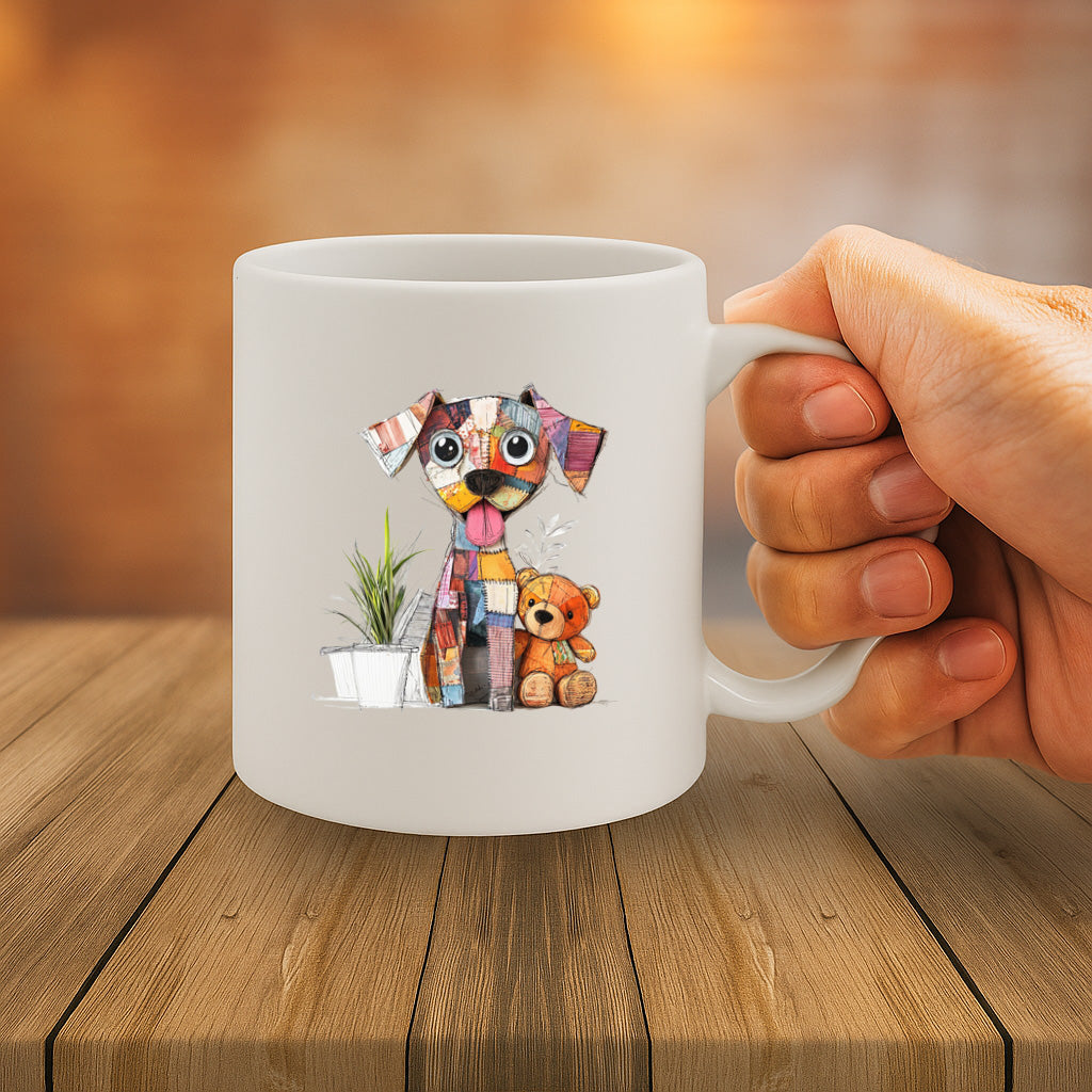 Adorable Patchwork Dog Mug with Teddy Bear and Plant – Cute Whimsical Animal Art Ceramic Cup – Dishwasher & Microwave Safe – 11oz Gift for Dog Lovers – MG6660