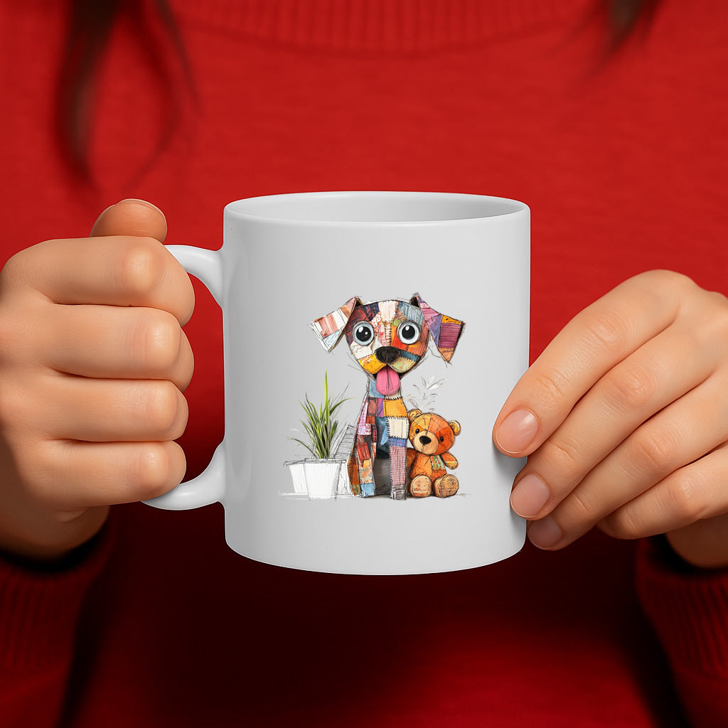 Adorable Patchwork Dog Mug with Teddy Bear and Plant – Cute Whimsical Animal Art Ceramic Cup – Dishwasher & Microwave Safe – 11oz Gift for Dog Lovers – MG6660