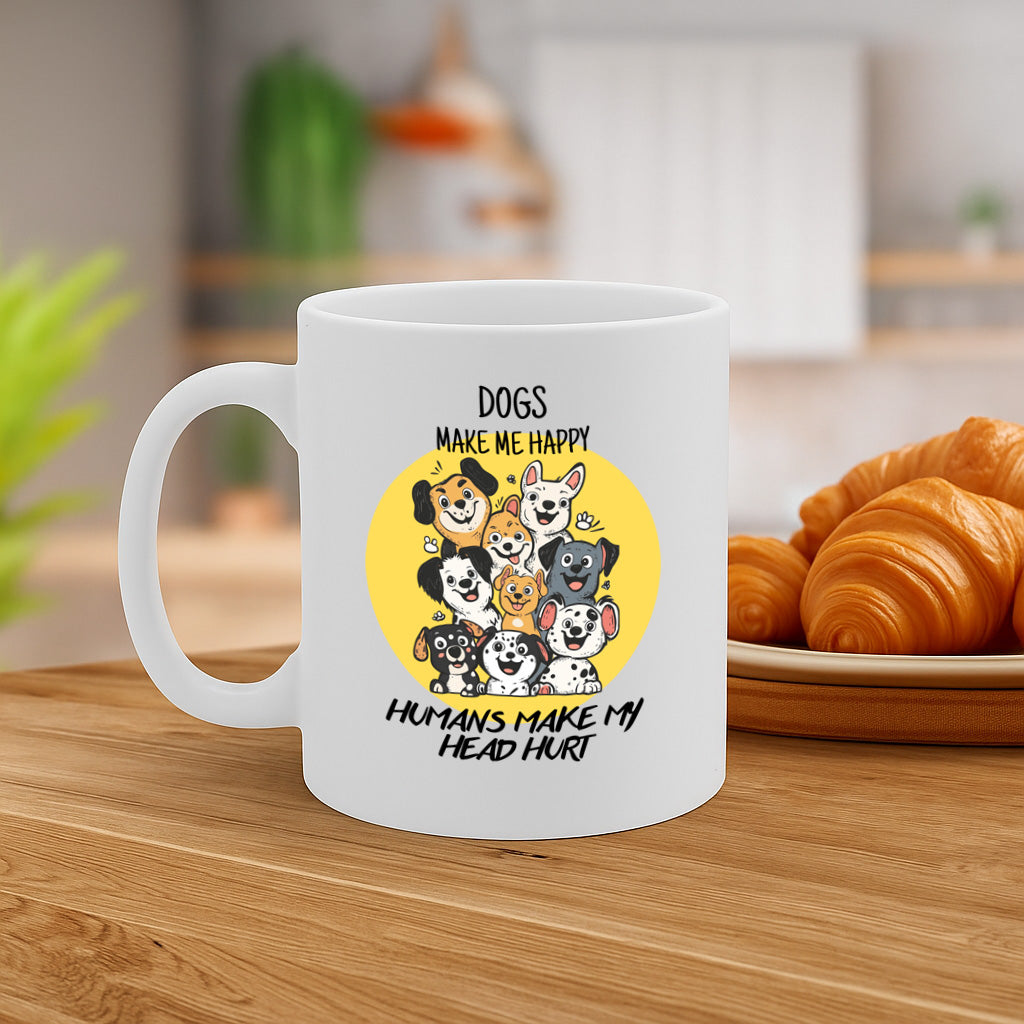 Adorable Dog Lover Mug with “Dogs Make Me Happy, Humans Make My Head Hurt” Quote – Cute Cartoon Puppy Design – Gift for Pet Owners – MG6659