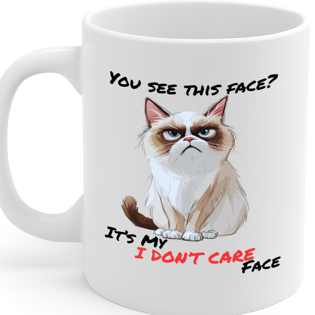 Funny Grumpy Cat Mug with “You See This Face? It’s My I Don’t Care Face” Quote – Sarcastic Gift for Cat Lovers & Office Humor – Dishwasher & Microwave Safe – MG6658