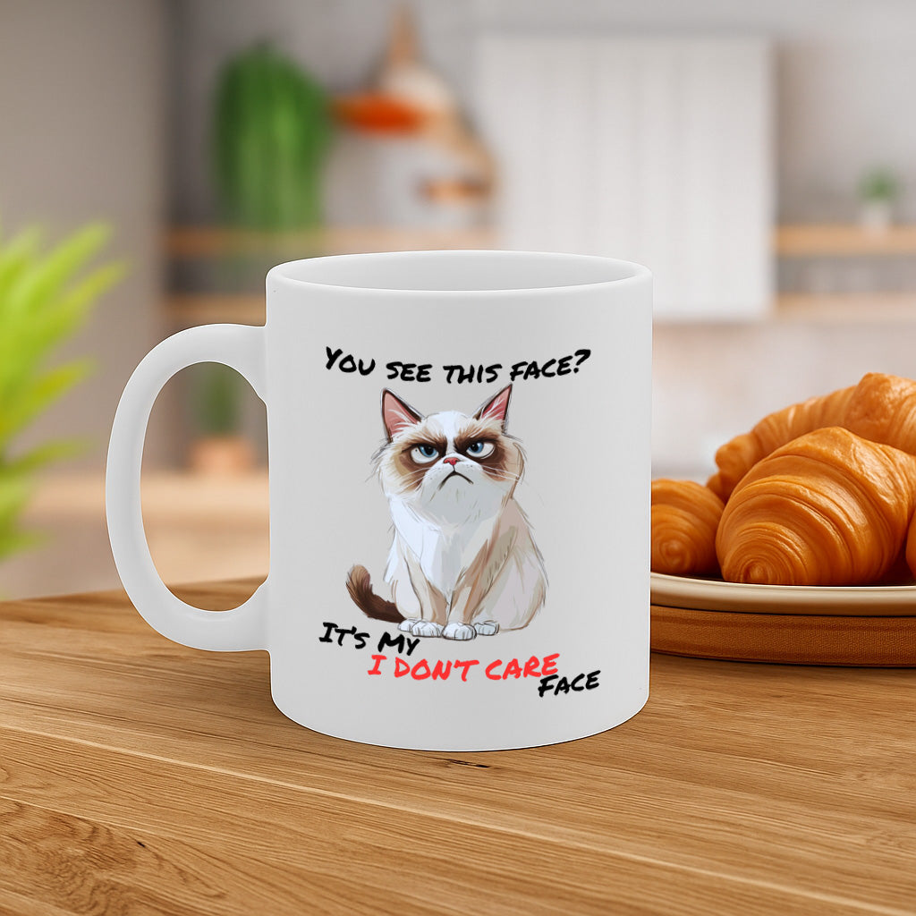 Funny Grumpy Cat Mug with “You See This Face? It’s My I Don’t Care Face” Quote – Sarcastic Gift for Cat Lovers & Office Humor – Dishwasher & Microwave Safe – MG6658