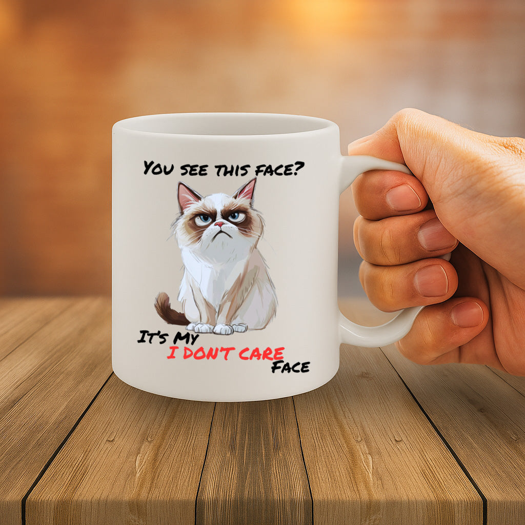Funny Grumpy Cat Mug with “You See This Face? It’s My I Don’t Care Face” Quote – Sarcastic Gift for Cat Lovers & Office Humor – Dishwasher & Microwave Safe – MG6658