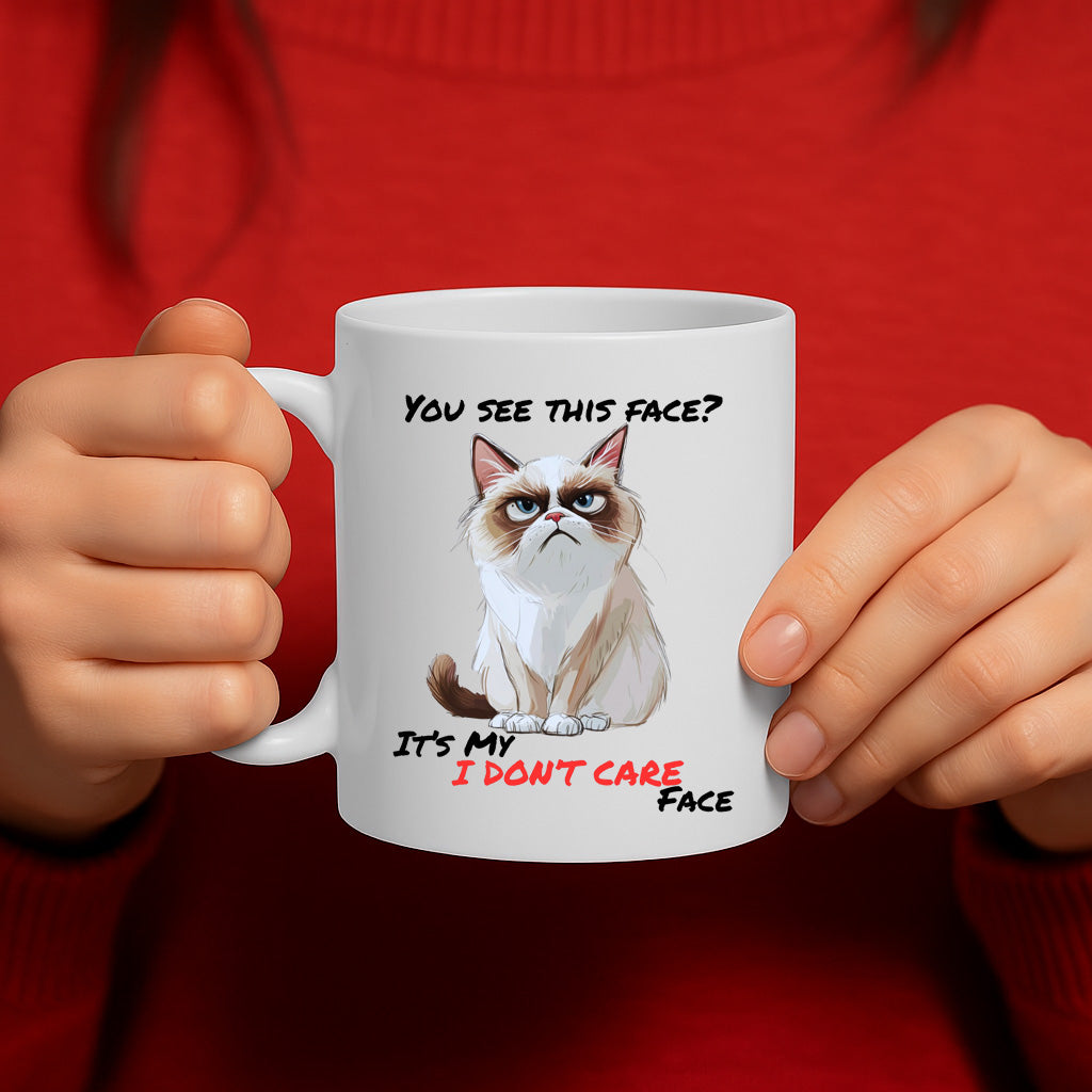 Funny Grumpy Cat Mug with “You See This Face? It’s My I Don’t Care Face” Quote – Sarcastic Gift for Cat Lovers & Office Humor – Dishwasher & Microwave Safe – MG6658