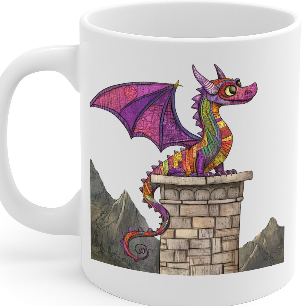 Whimsical Rainbow Dragon Sitting on Castle Tower Fantasy Mug for Coffee, Tea & Cocoa – Vibrant Mountain Scene 11oz Ceramic Cup – MG6657
