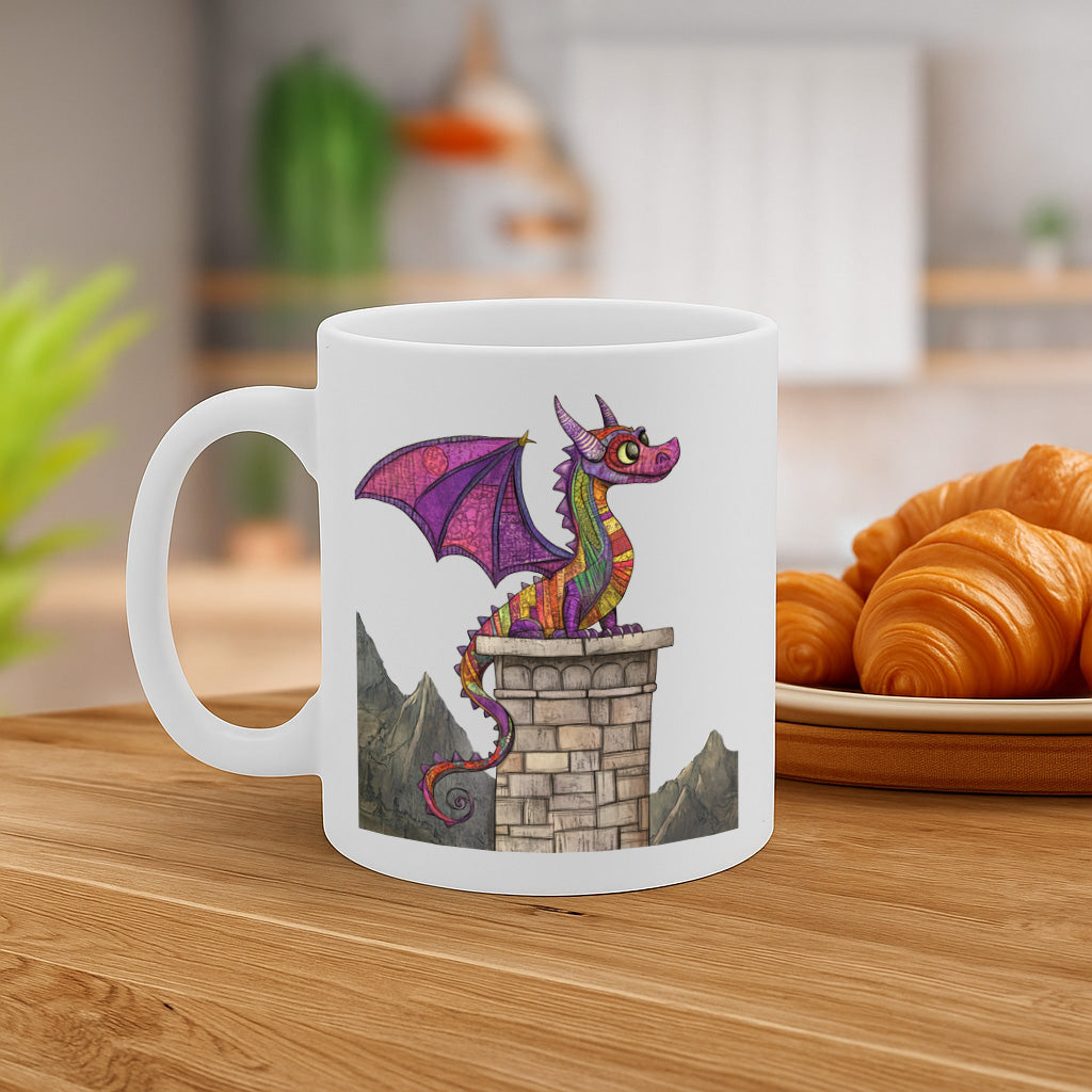 Whimsical Rainbow Dragon Sitting on Castle Tower Fantasy Mug for Coffee, Tea & Cocoa – Vibrant Mountain Scene 11oz Ceramic Cup – MG6657