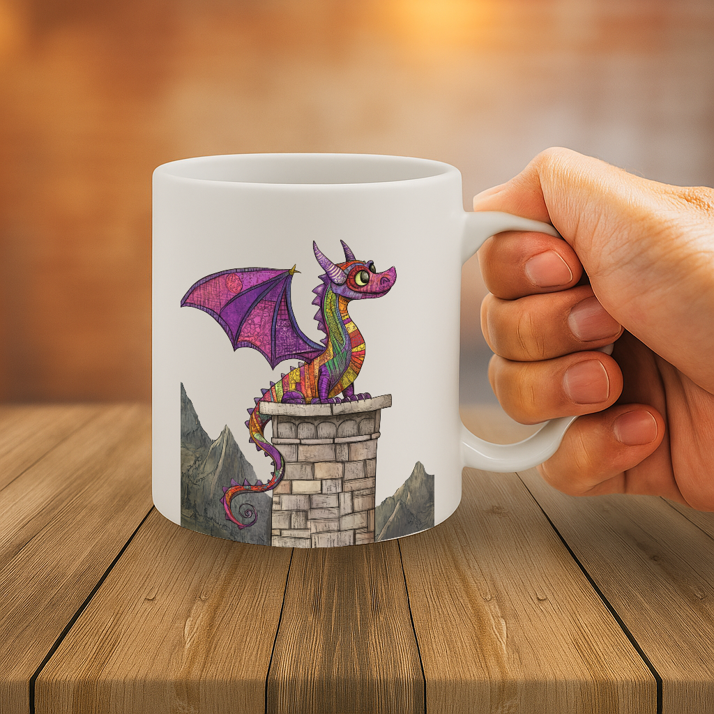 Whimsical Rainbow Dragon Sitting on Castle Tower Fantasy Mug for Coffee, Tea & Cocoa – Vibrant Mountain Scene 11oz Ceramic Cup – MG6657
