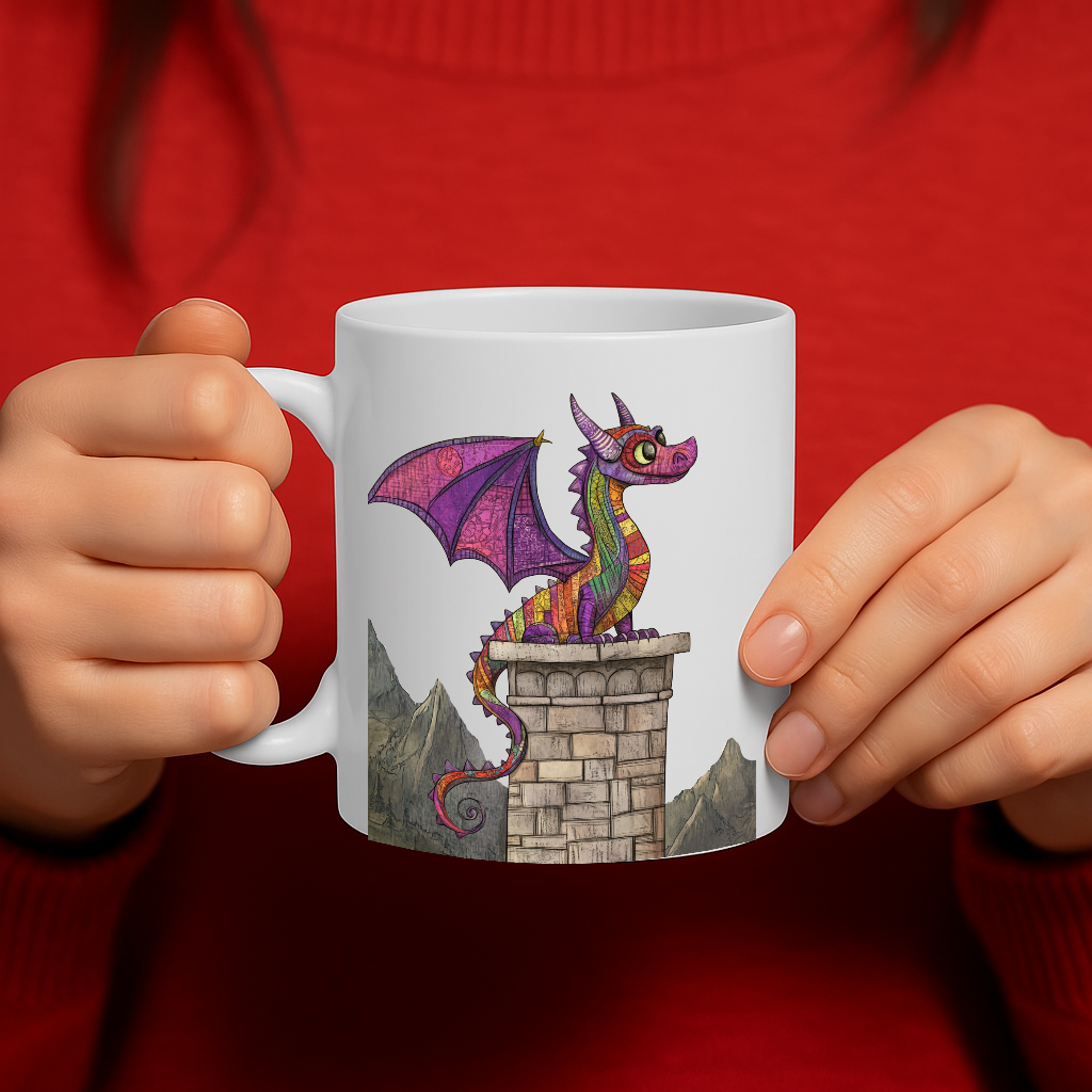 Whimsical Rainbow Dragon Sitting on Castle Tower Fantasy Mug for Coffee, Tea & Cocoa – Vibrant Mountain Scene 11oz Ceramic Cup – MG6657