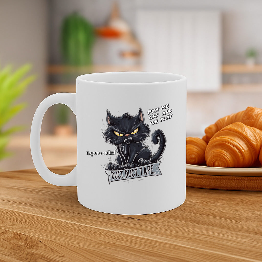 Funny Angry Black Cat Coffee Mug with “Duct Duct Tape” Quote – Hilarious Gift for Cat Lovers, Dishwasher & Microwave Safe, 325ml – MG6655
