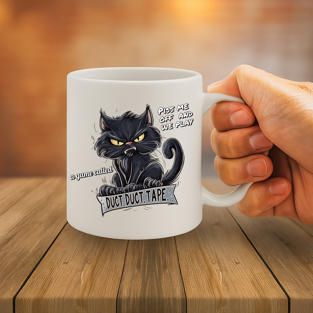 Funny Angry Black Cat Coffee Mug with “Duct Duct Tape” Quote – Hilarious Gift for Cat Lovers, Dishwasher & Microwave Safe, 325ml – MG6655