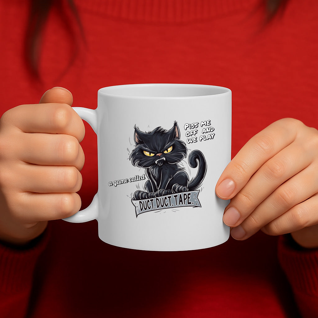 Funny Angry Black Cat Coffee Mug with “Duct Duct Tape” Quote – Hilarious Gift for Cat Lovers, Dishwasher & Microwave Safe, 325ml – MG6655