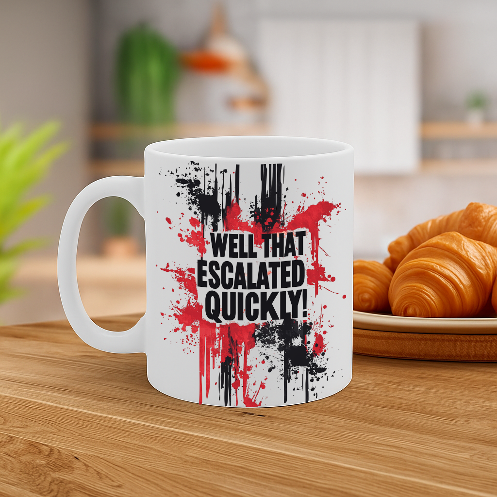 Bold & Funny “Well That Escalated Quickly” Splatter Art Coffee Mug – MG6654