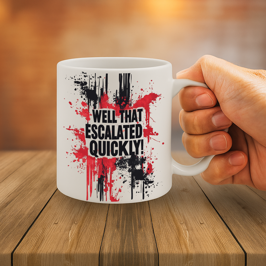Bold & Funny “Well That Escalated Quickly” Splatter Art Coffee Mug – MG6654