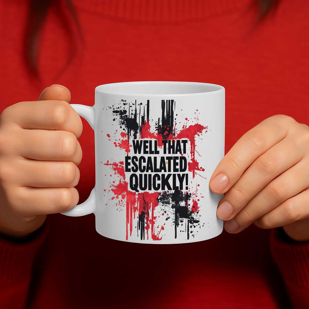 Bold & Funny “Well That Escalated Quickly” Splatter Art Coffee Mug – MG6654