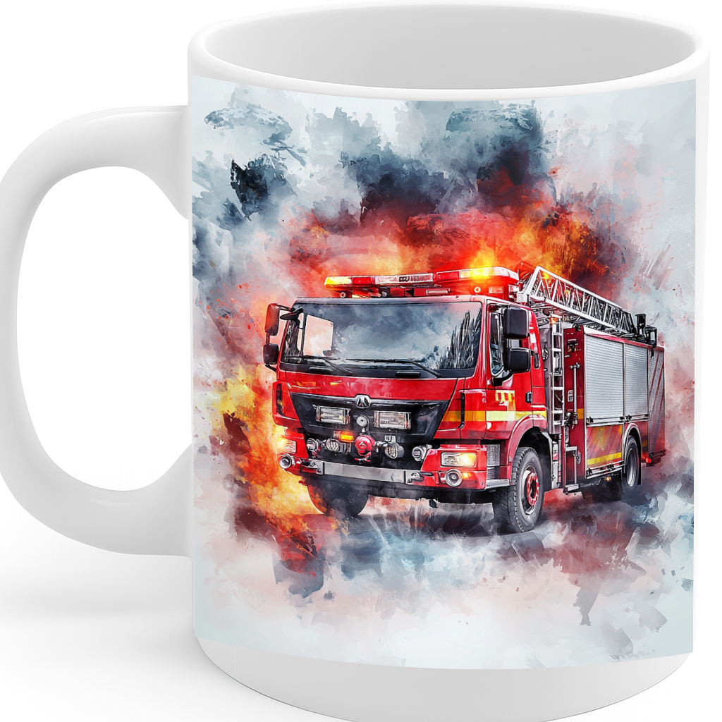 Bold Firetruck Watercolor Mug – Dynamic Design for Everyday Heroes – Vibrant Red Fire Engine in Action – 11oz Ceramic Mug – MG6652