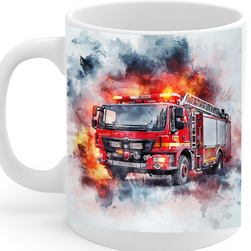 Bold Firetruck Watercolor Mug – Dynamic Design for Everyday Heroes – Vibrant Red Fire Engine in Action – 11oz Ceramic Mug – MG6652