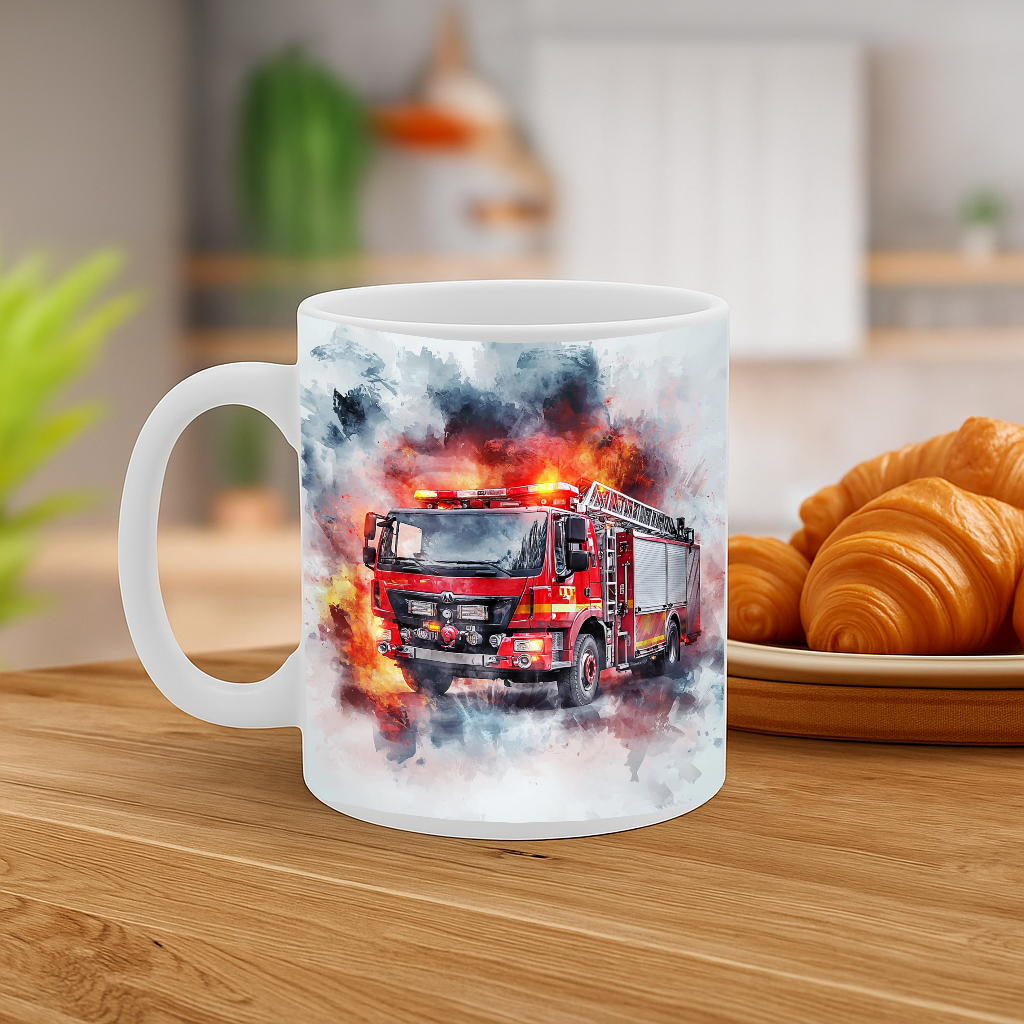 Bold Firetruck Watercolor Mug – Dynamic Design for Everyday Heroes – Vibrant Red Fire Engine in Action – 11oz Ceramic Mug – MG6652