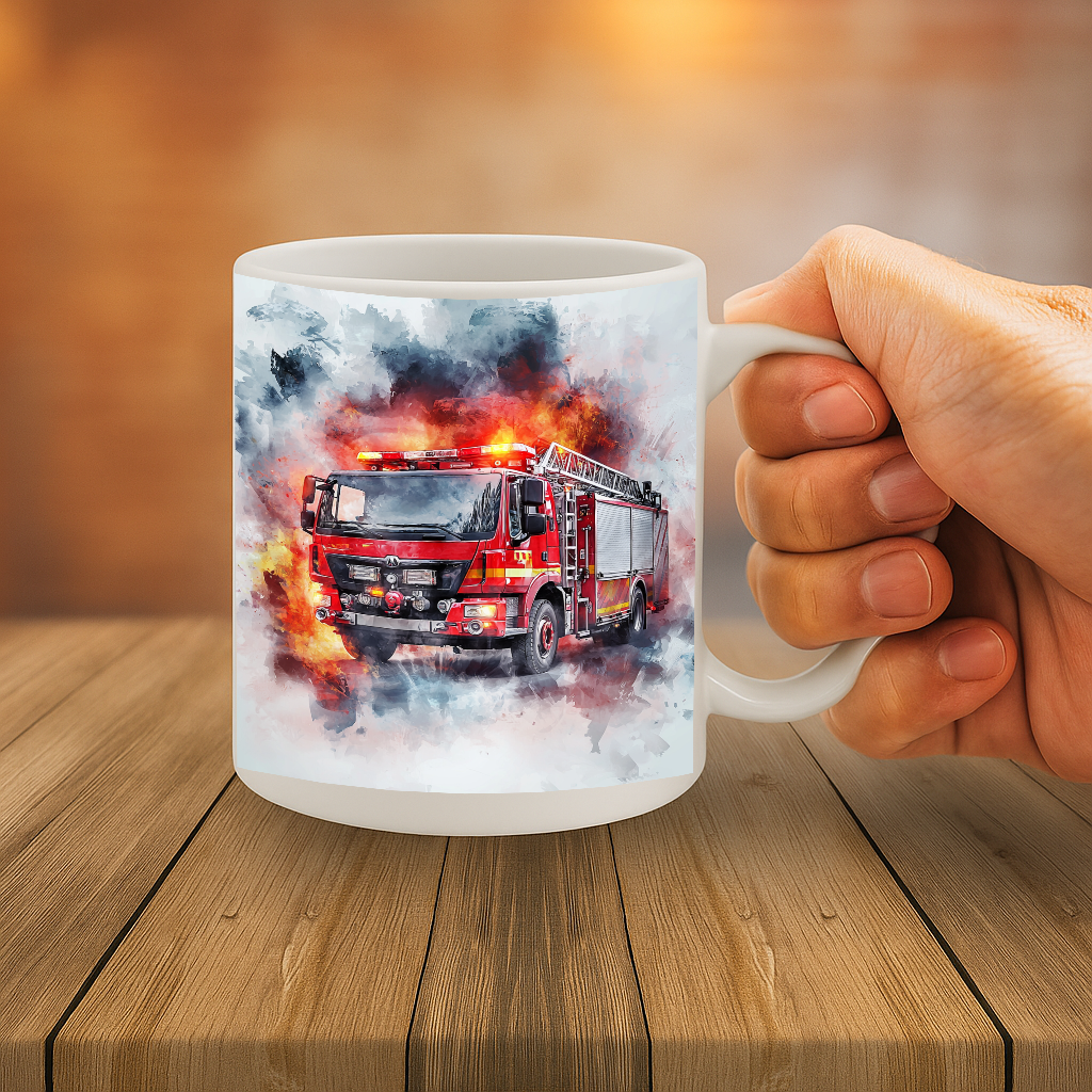 Bold Firetruck Watercolor Mug – Dynamic Design for Everyday Heroes – Vibrant Red Fire Engine in Action – 11oz Ceramic Mug – MG6652