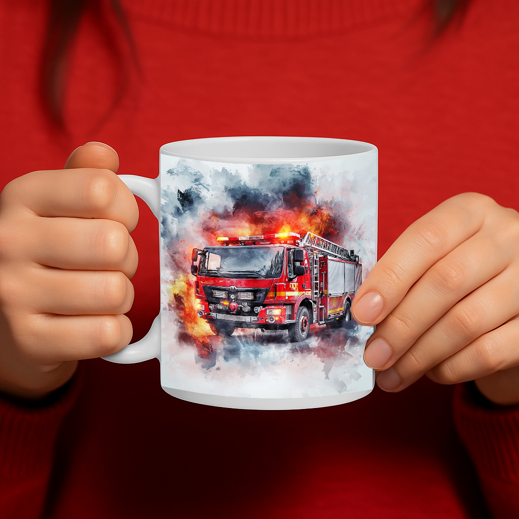 Bold Firetruck Watercolor Mug – Dynamic Design for Everyday Heroes – Vibrant Red Fire Engine in Action – 11oz Ceramic Mug – MG6652