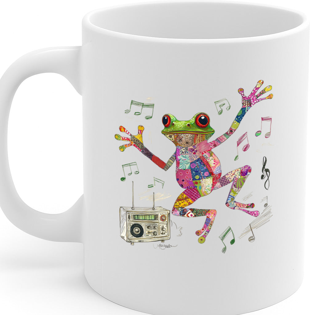 Dancing Patchwork Frog Mug with Boombox and Music Notes – Colorful Animal Lover's Gift – Ceramic Coffee Cup – Dishwasher & Microwave Safe – MG6650