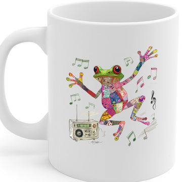 Dancing Patchwork Frog Mug with Boombox and Music Notes – Colorful Animal Lover's Gift – Ceramic Coffee Cup – Dishwasher & Microwave Safe – MG6650