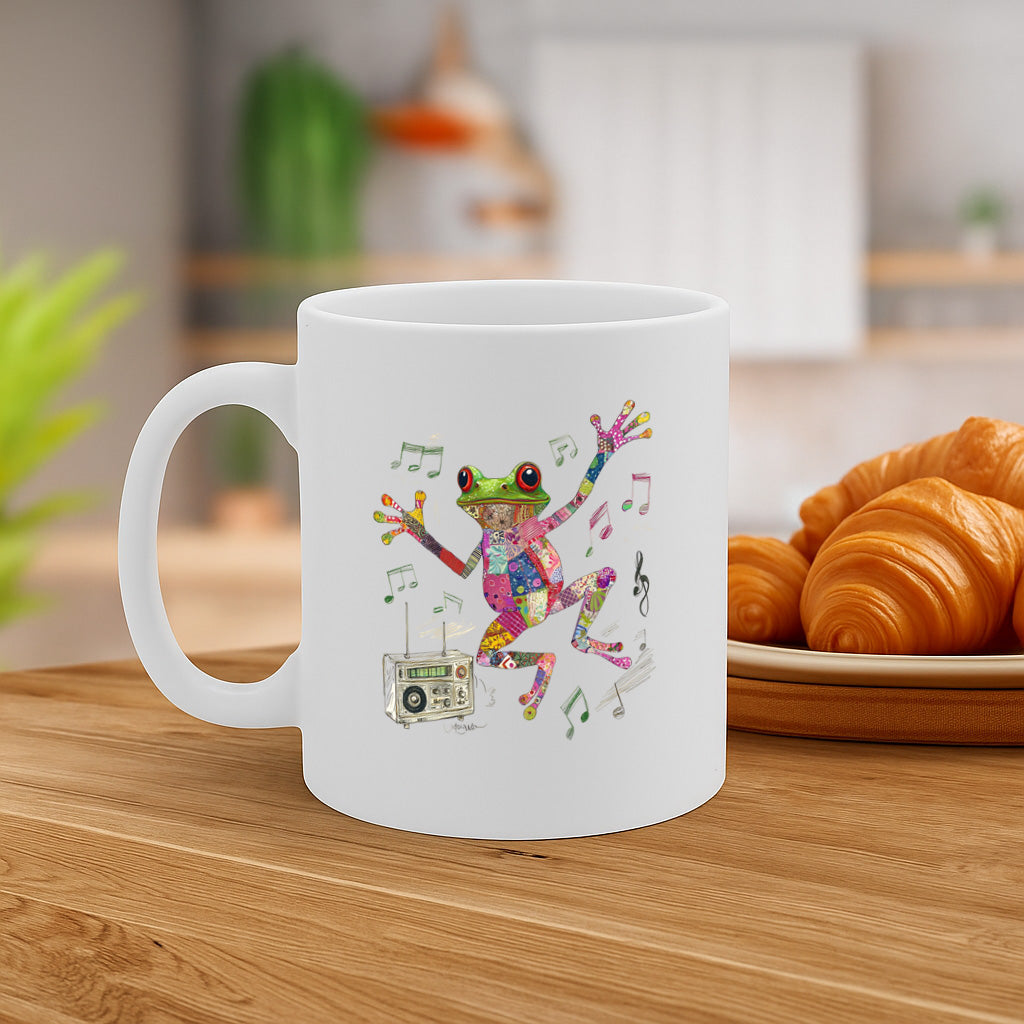 Dancing Patchwork Frog Mug with Boombox and Music Notes – Colorful Animal Lover's Gift – Ceramic Coffee Cup – Dishwasher & Microwave Safe – MG6650