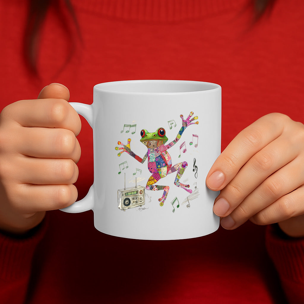 Dancing Patchwork Frog Mug with Boombox and Music Notes – Colorful Animal Lover's Gift – Ceramic Coffee Cup – Dishwasher & Microwave Safe – MG6650