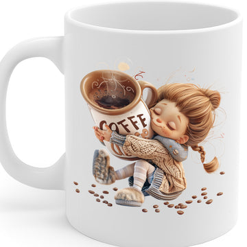 Cozy Coffee Hug Mug Featuring Sleepy Girl & Giant Cup – Adorable Morning Companion Gift – Dishwasher & Microwave Safe – MG6649