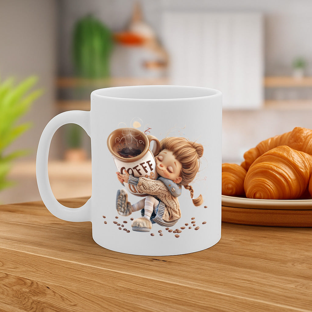 Cozy Coffee Hug Mug Featuring Sleepy Girl & Giant Cup – Adorable Morning Companion Gift – Dishwasher & Microwave Safe – MG6649