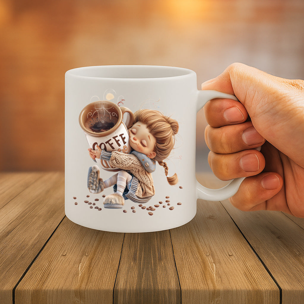 Cozy Coffee Hug Mug Featuring Sleepy Girl & Giant Cup – Adorable Morning Companion Gift – Dishwasher & Microwave Safe – MG6649