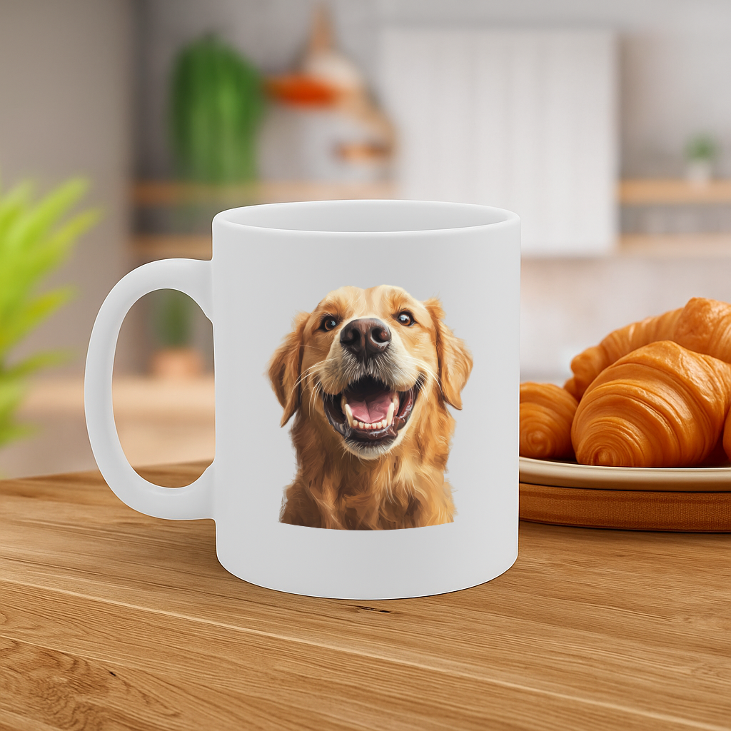 Adorable Smiling Golden Retriever Dog Mug with Vibrant Print – 11oz Ceramic Coffee Cup for Dog Lovers, Microwave & Dishwasher Safe – MG6645