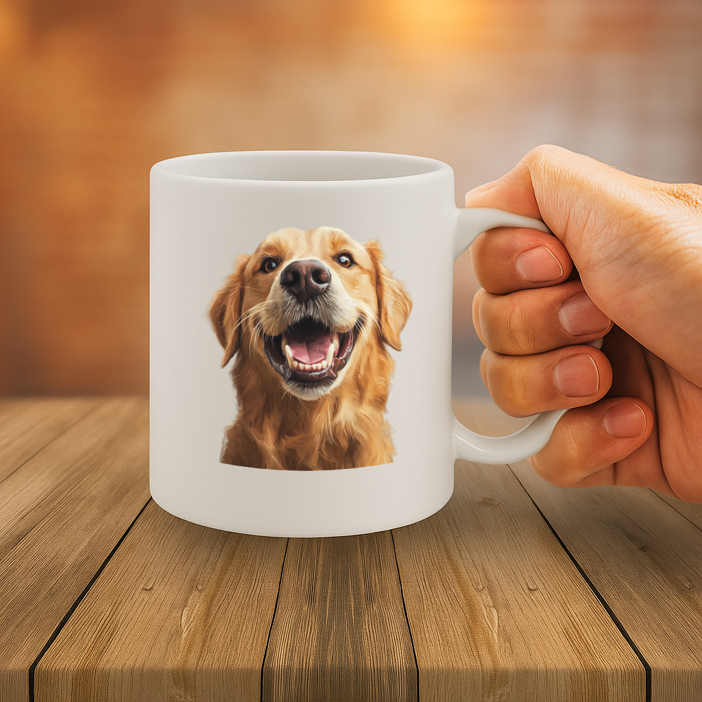 Adorable Smiling Golden Retriever Dog Mug with Vibrant Print – 11oz Ceramic Coffee Cup for Dog Lovers, Microwave & Dishwasher Safe – MG6645