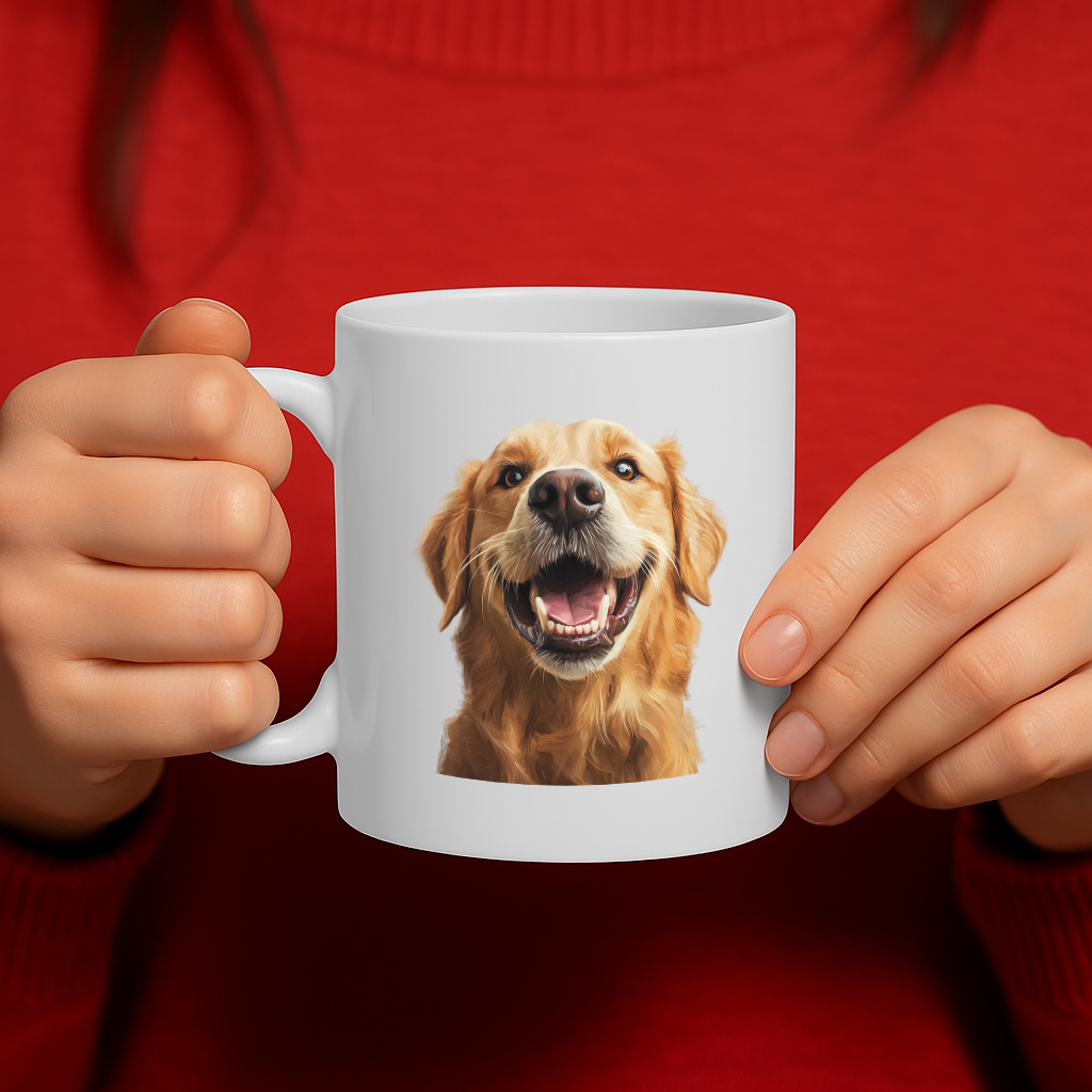 Adorable Smiling Golden Retriever Dog Mug with Vibrant Print – 11oz Ceramic Coffee Cup for Dog Lovers, Microwave & Dishwasher Safe – MG6645