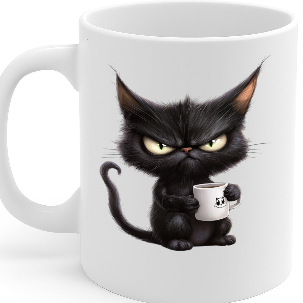 Hilariously Grumpy Black Cat Coffee Mug with Mini Mug Print – Perfect for Sarcastic Mornings and Cat Lovers Alike – MG6644