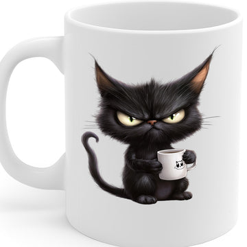Hilariously Grumpy Black Cat Coffee Mug with Mini Mug Print – Perfect for Sarcastic Mornings and Cat Lovers Alike – MG6644