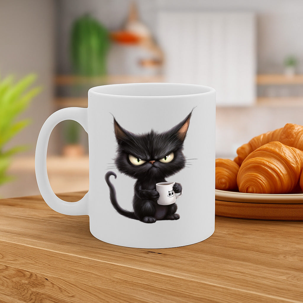 Hilariously Grumpy Black Cat Coffee Mug with Mini Mug Print – Perfect for Sarcastic Mornings and Cat Lovers Alike – MG6644
